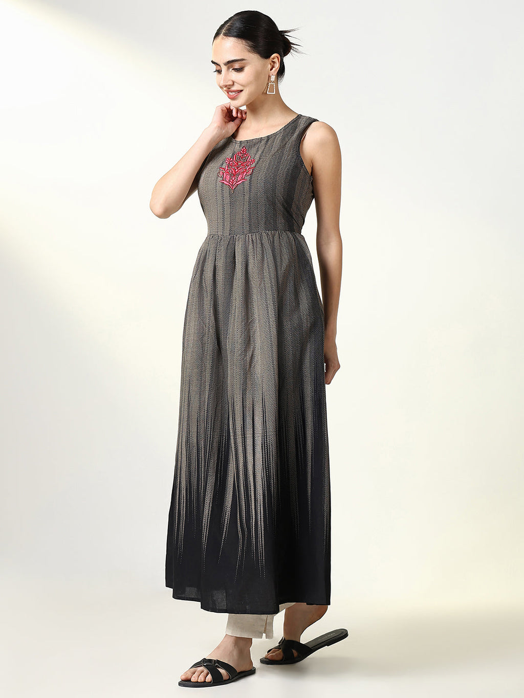 Women's Black Abstract A Line Kurta with Overcoat