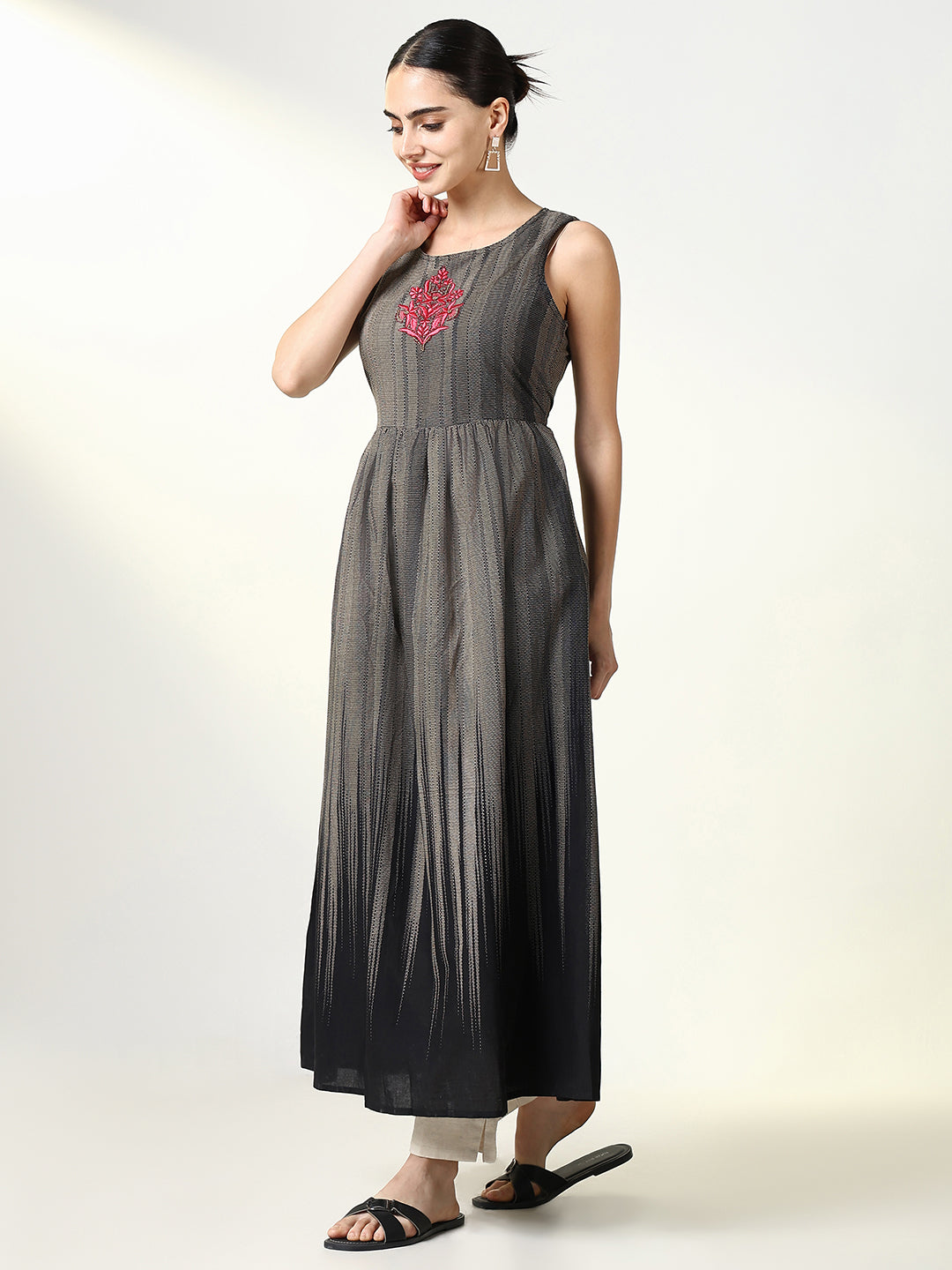 Women's Black Abstract A Line Kurta with Overcoat