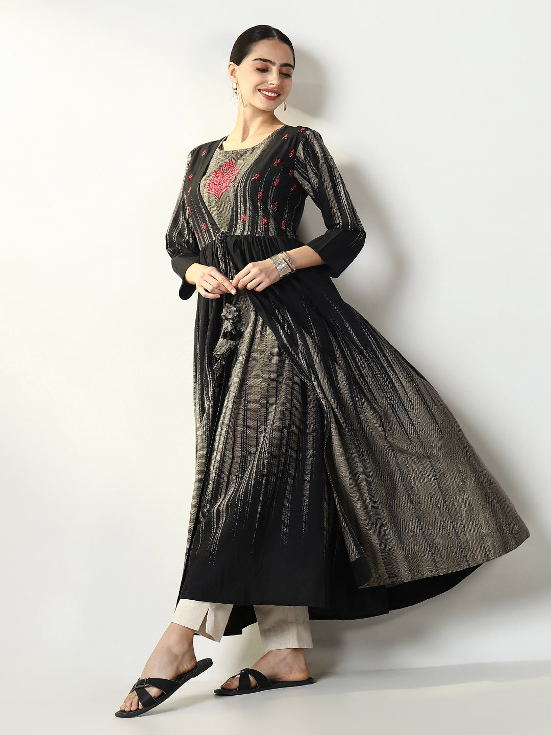 Women's Black Abstract A Line Kurta with Overcoat