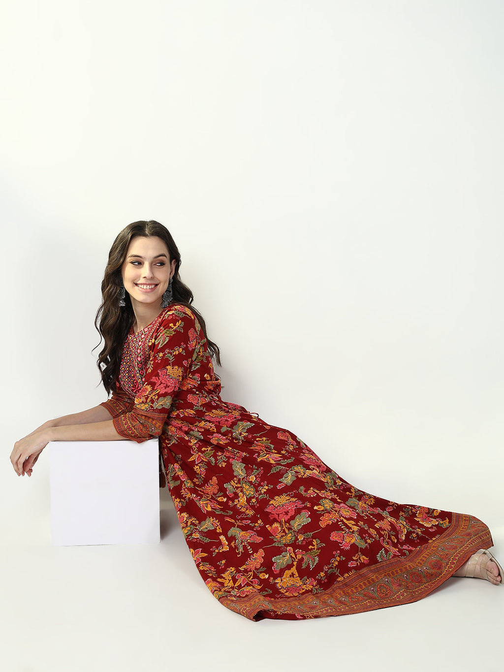 Women's Red Floral Anarkali Kurta