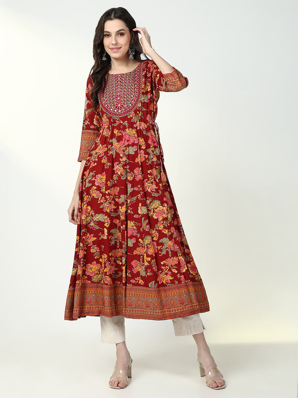 Women's Red Floral Anarkali Kurta