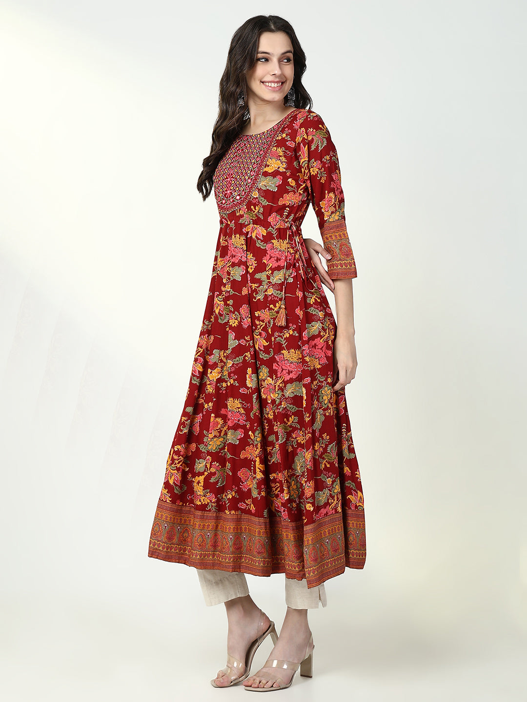 Women's Red Floral Anarkali Kurta