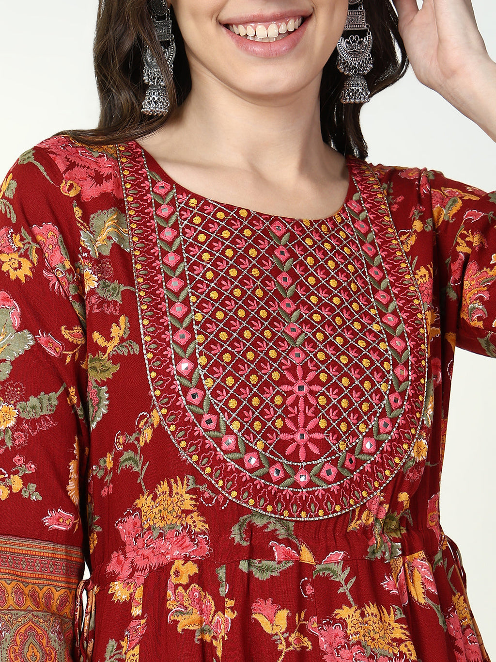 Women's Red Floral Anarkali Kurta