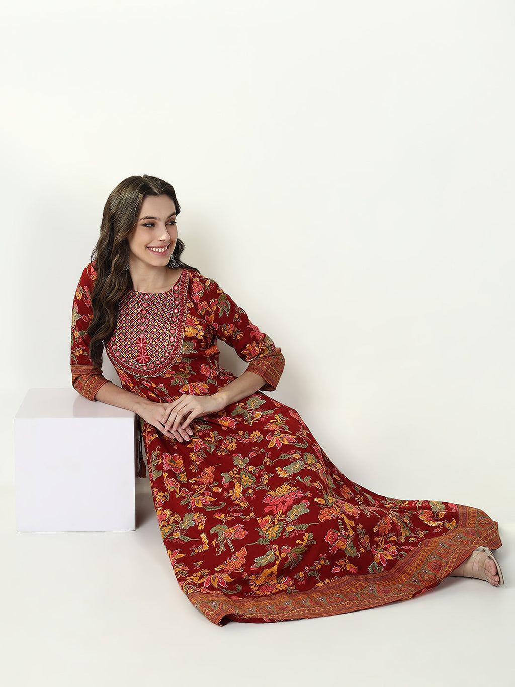 Women's Red Floral Anarkali Kurta