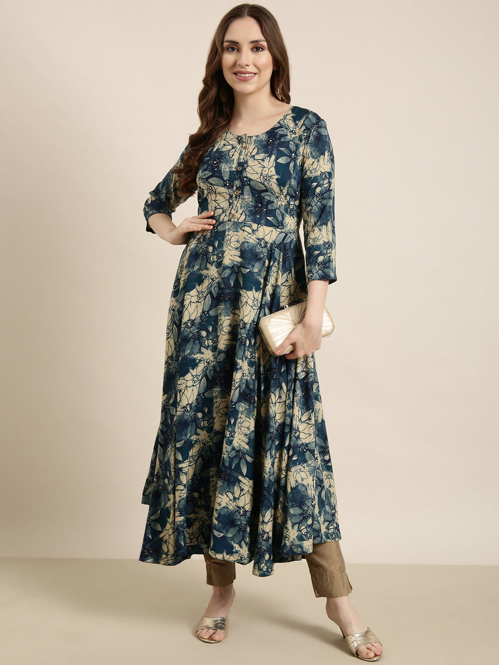 Women's Anarkali Blue Floral Kurta