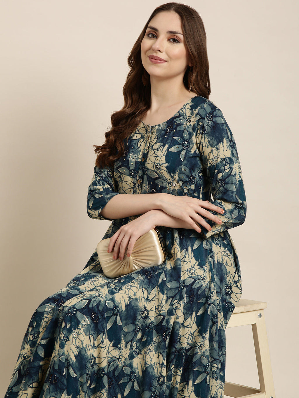 Women's Anarkali Blue Floral Kurta
