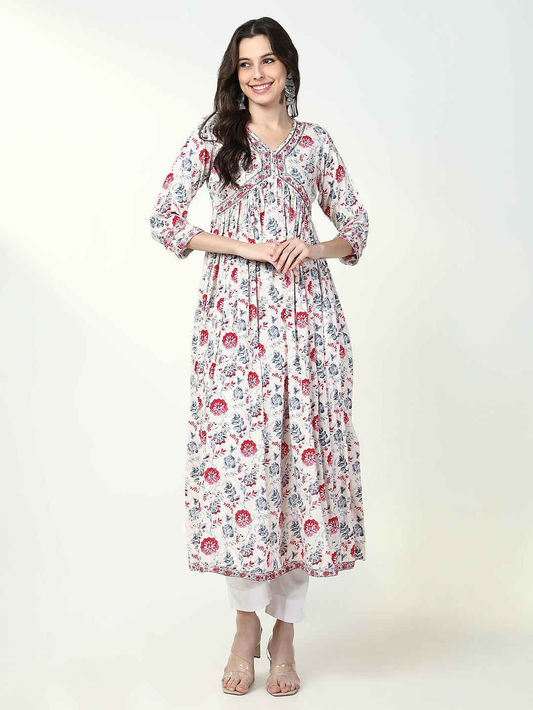 Women's White Floral Anarkali Kurta
