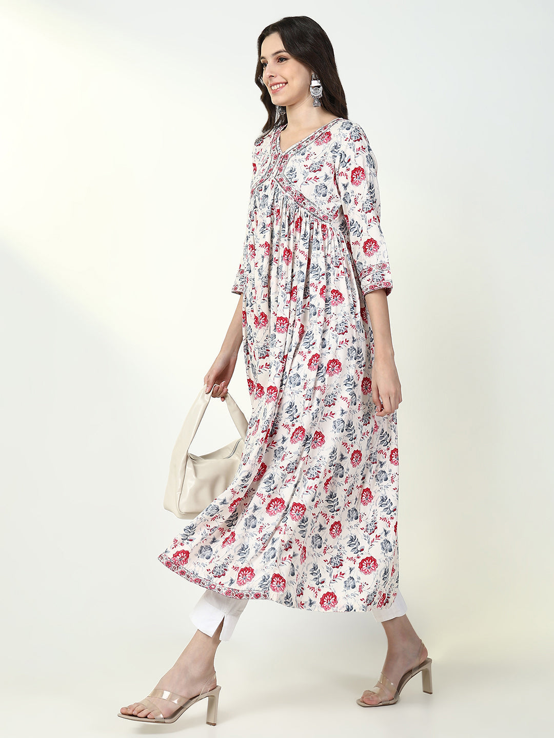 Women's White Floral Anarkali Kurta