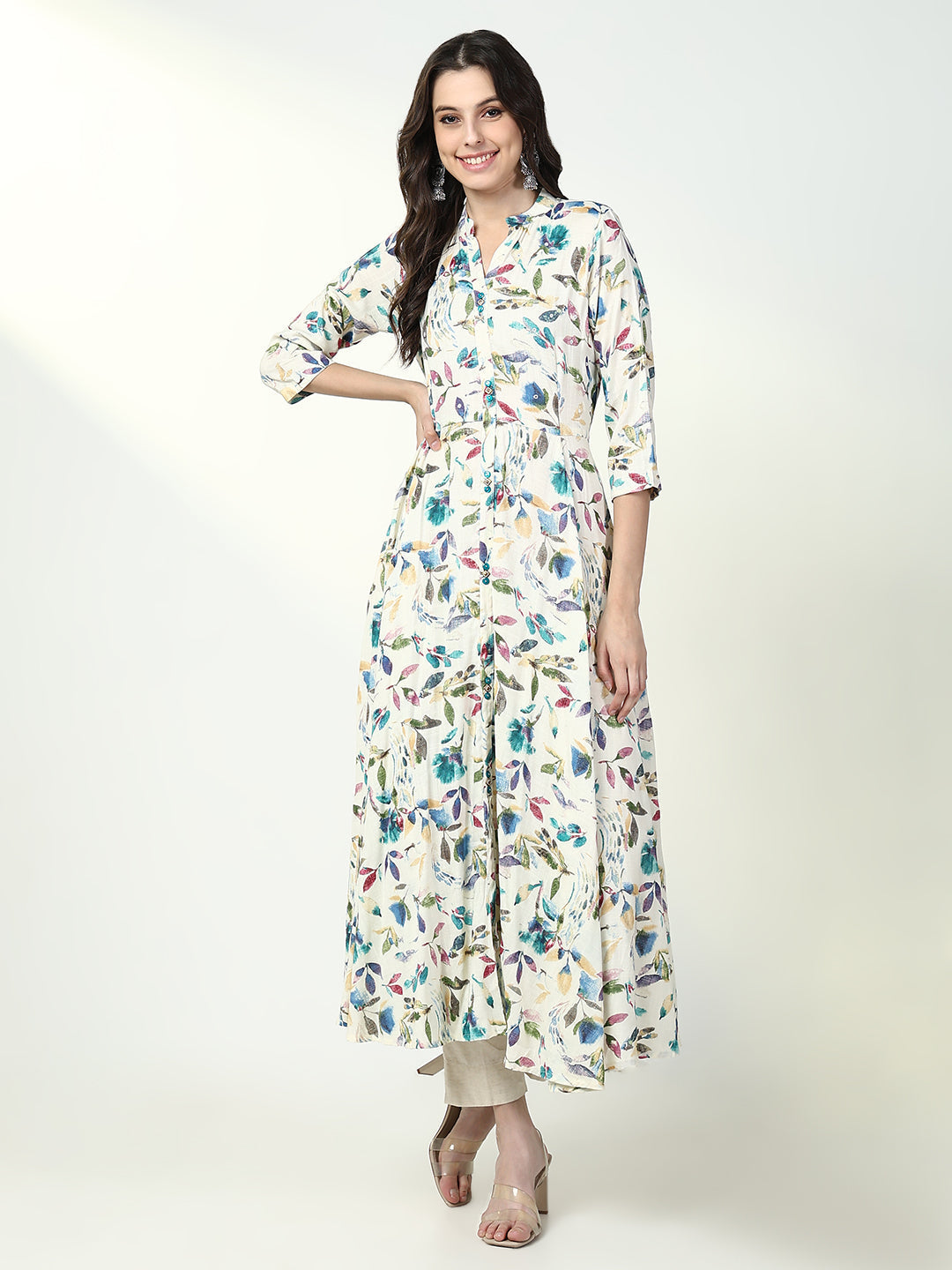 Women's Off White Floral A Line Kurta