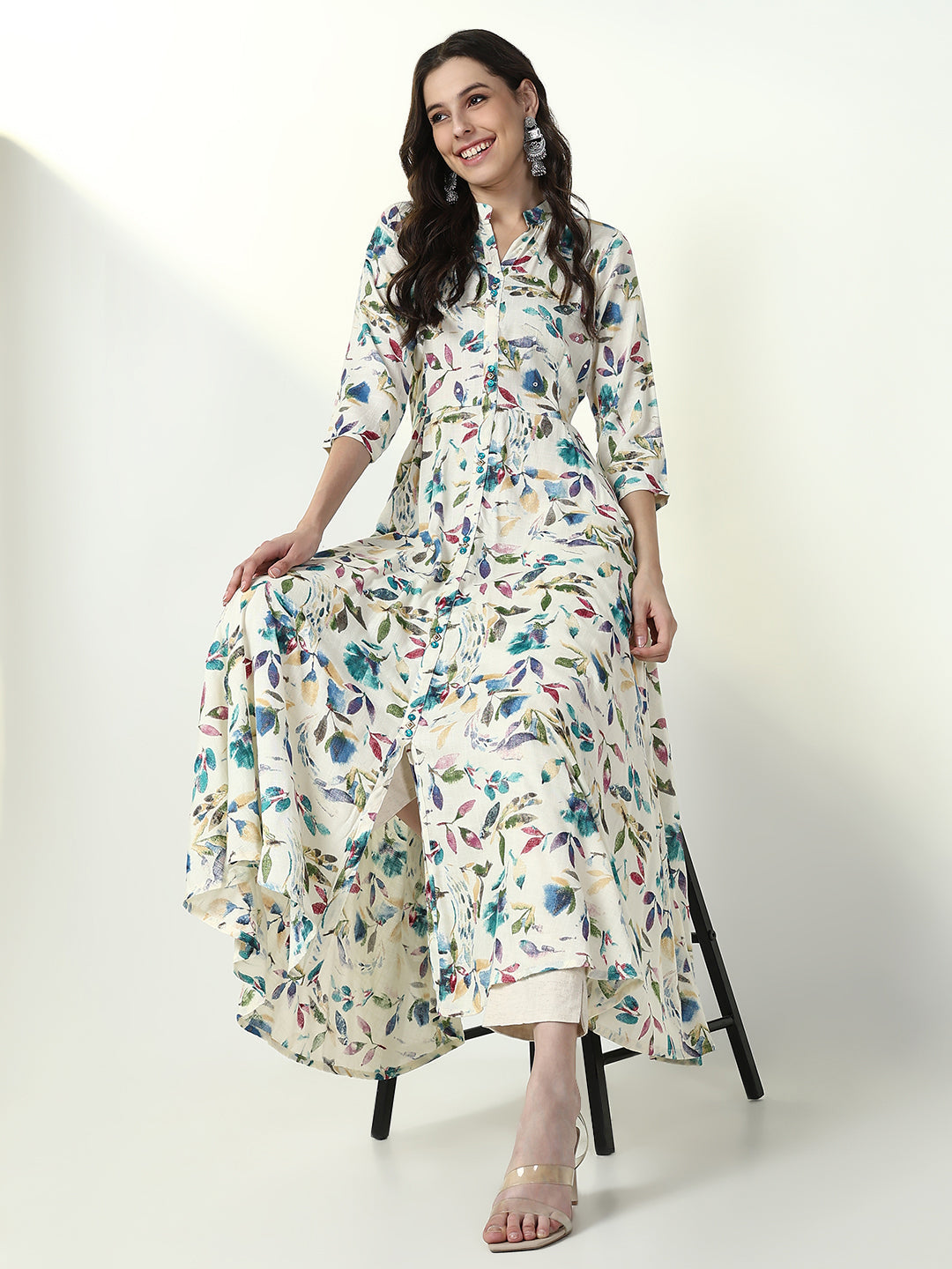 Women's Off White Floral A Line Kurta