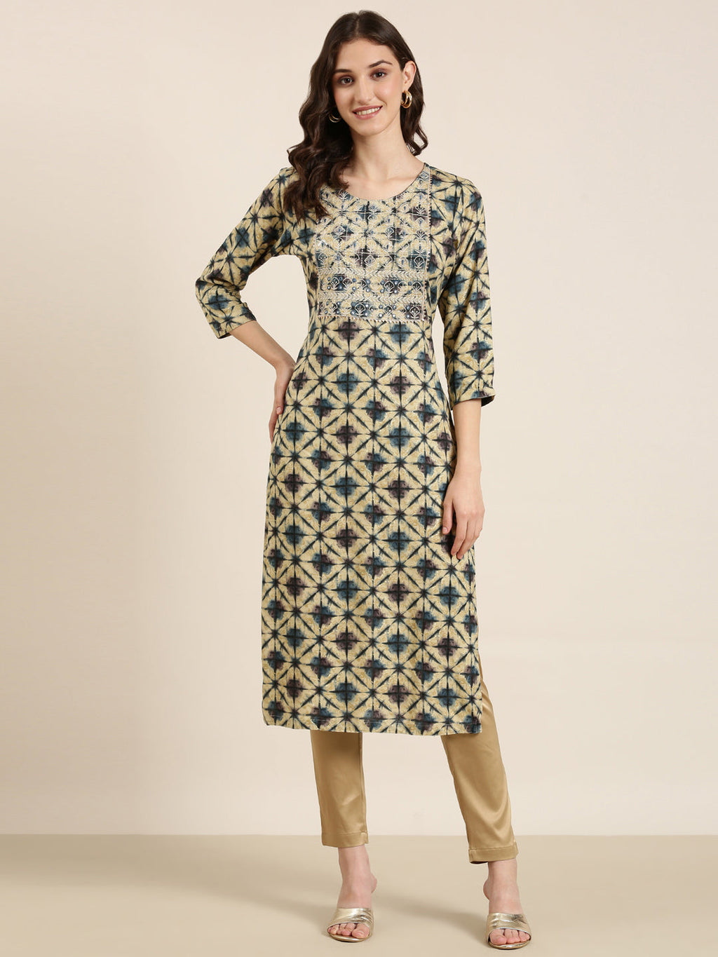 Women's Beige Tie & Dyed Thread Work Straight Kurta