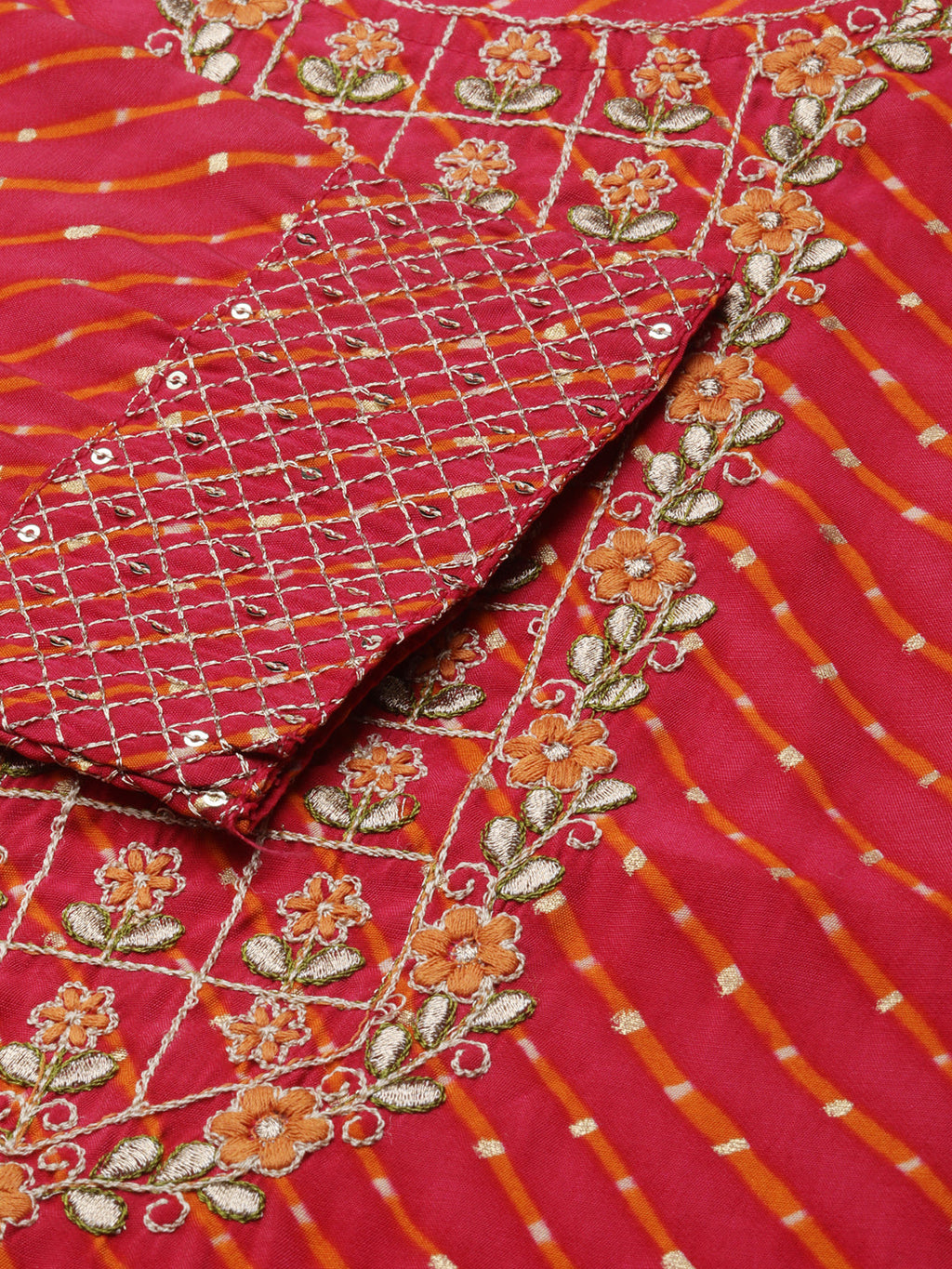 Women's Fuchsia Floral Embroidered Thread Work Straight Kurta