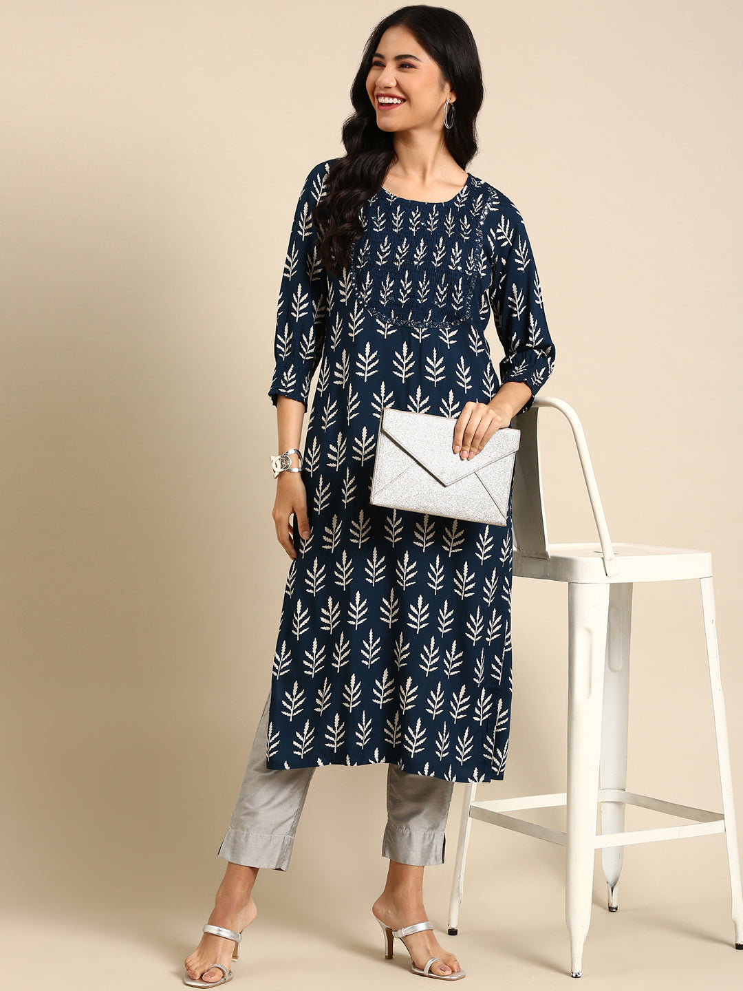 Women's Teal Tribal Printed Straight Kurta