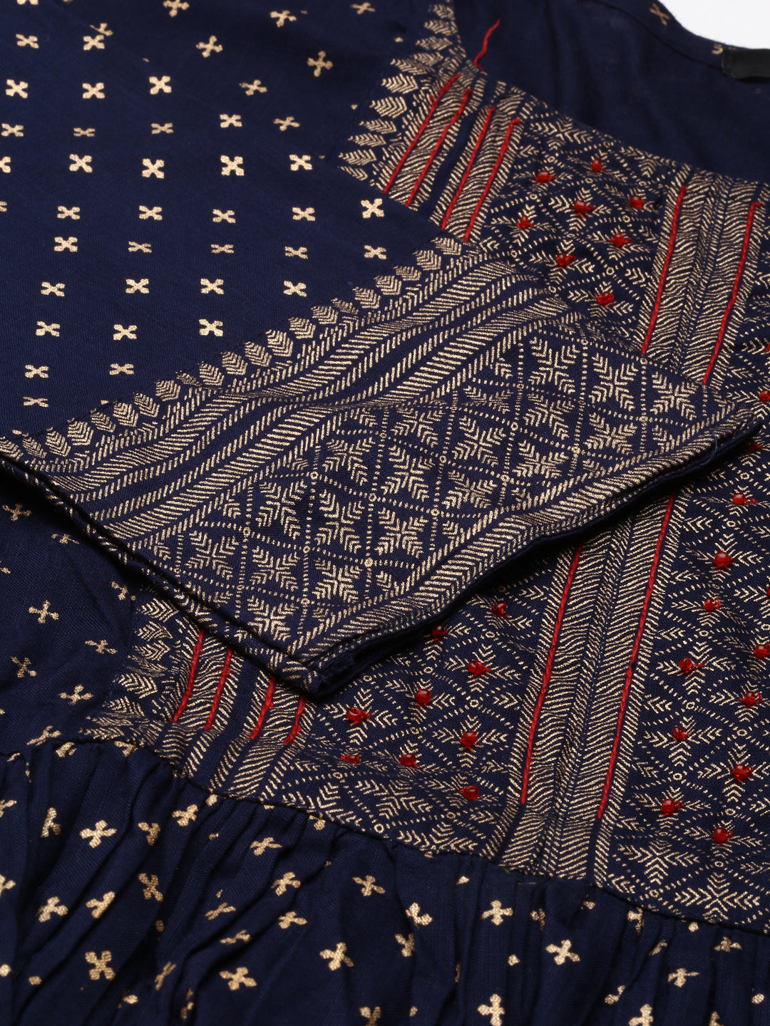 Women's Navy Blue Floral Printed Cotton Anarkali Kurta