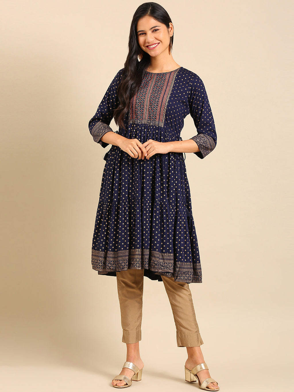 Women's Navy Blue Floral Printed Cotton Anarkali Kurta
