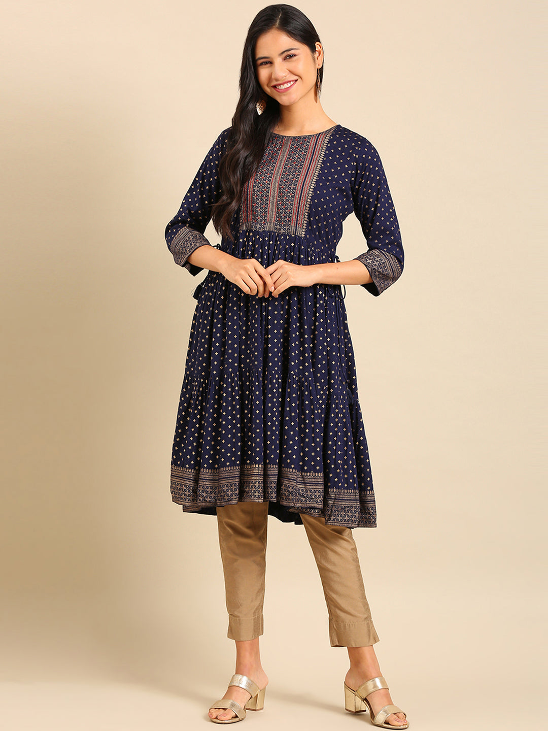 Women's Navy Blue Floral Printed Cotton Anarkali Kurta