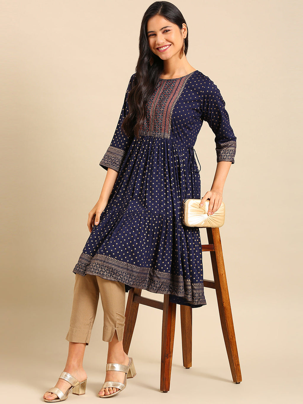 Women's Navy Blue Floral Printed Cotton Anarkali Kurta