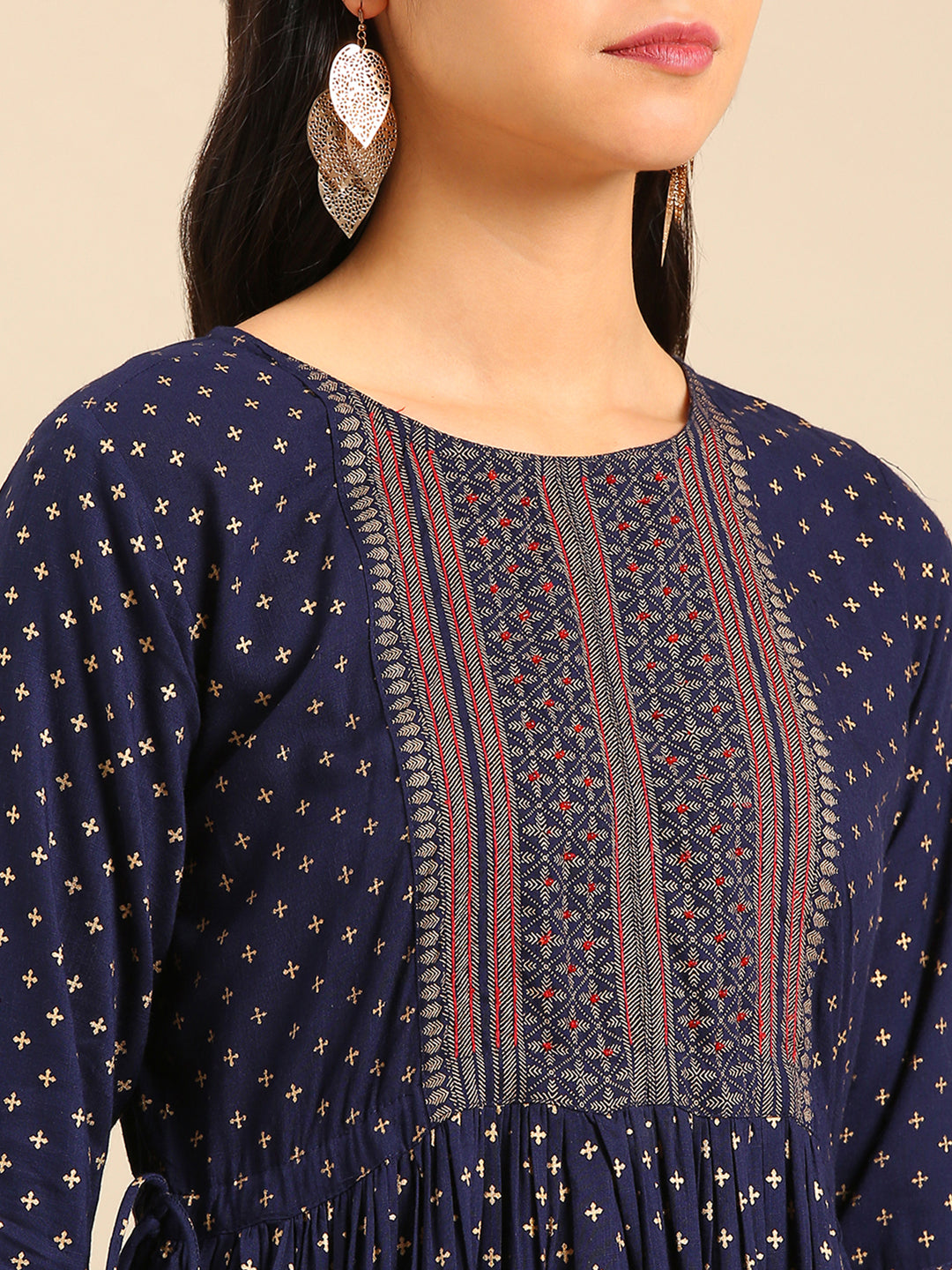 Women's Navy Blue Floral Printed Cotton Anarkali Kurta