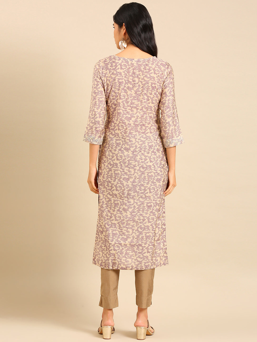 Women's Beige Printed Straight Kurta
