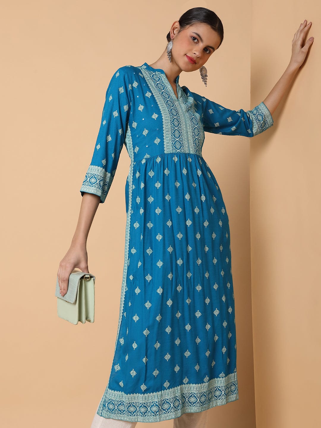 Women's A Line Blue Ethnic Motifs Kurta