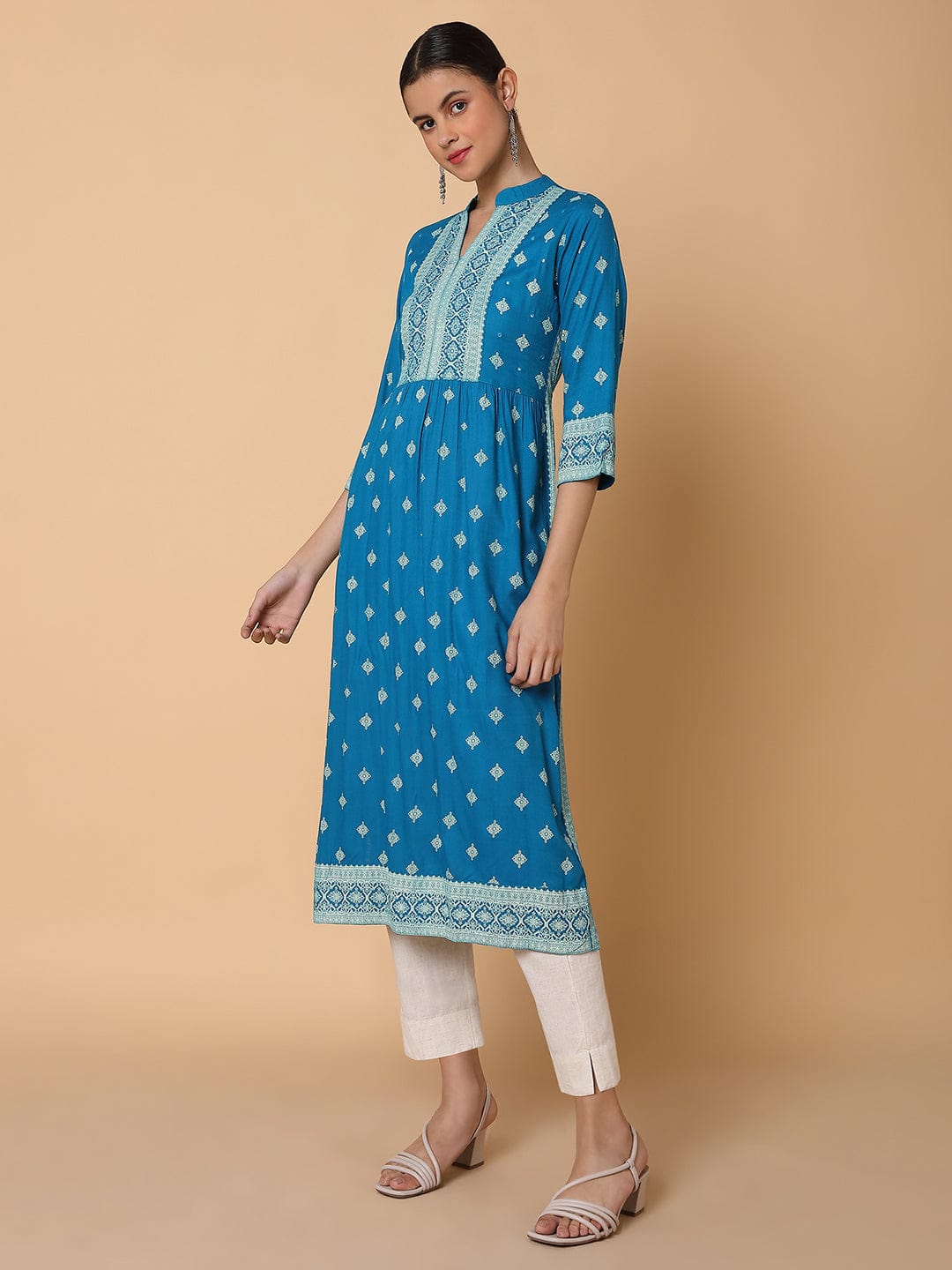 Women's A Line Blue Ethnic Motifs Kurta