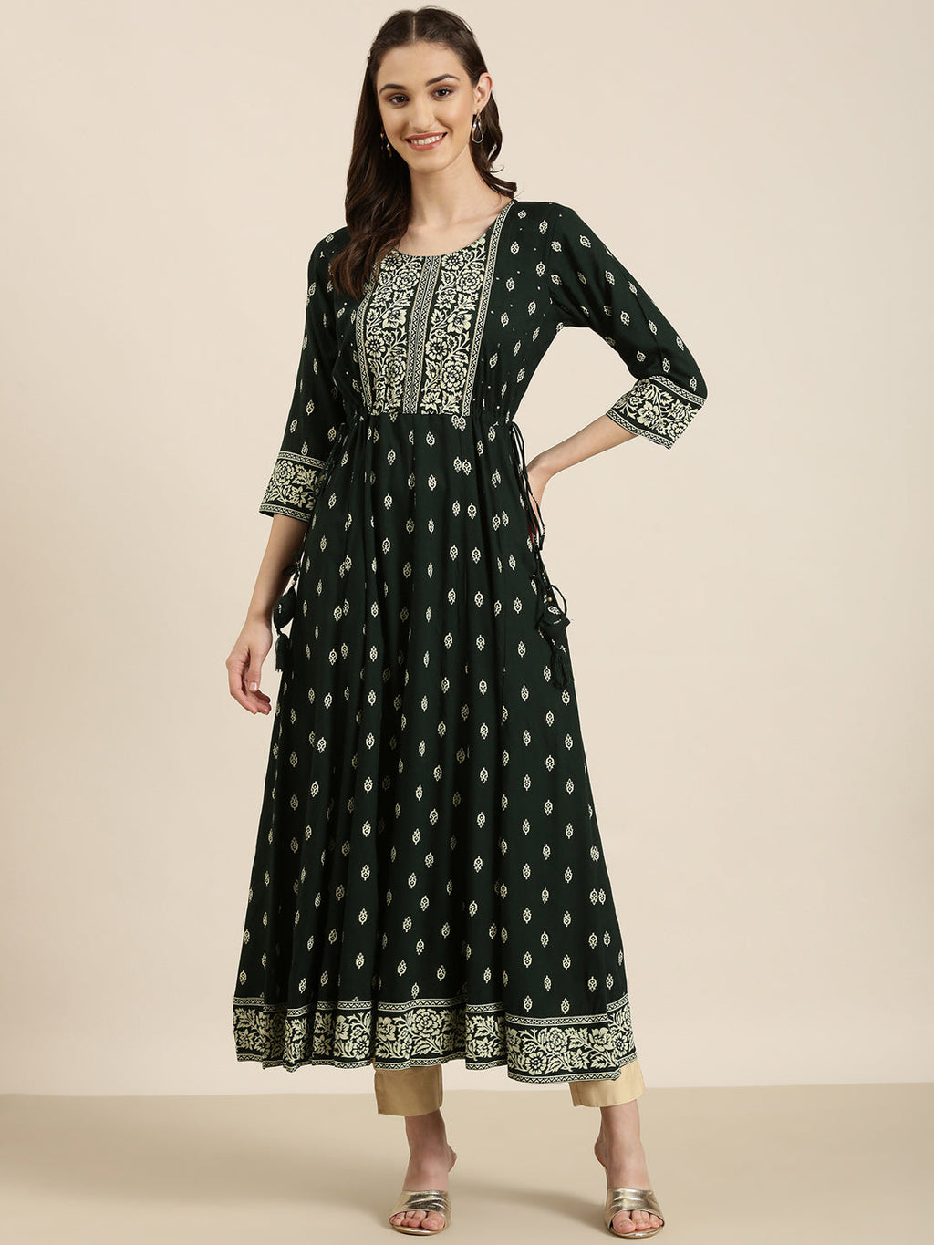 Women's Green Ethnic Motifs Printed Anarkali Kurta