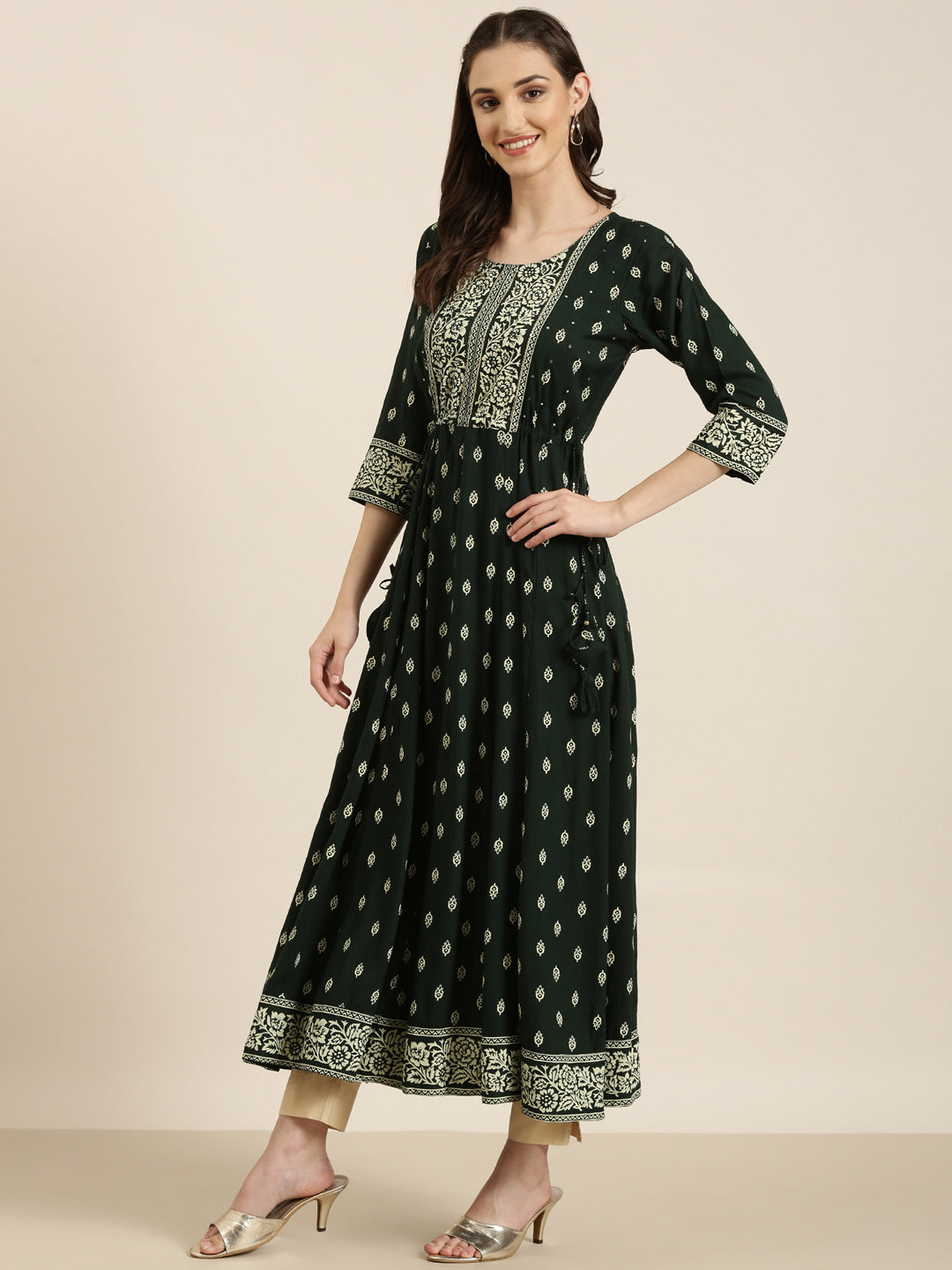 Women's Green Ethnic Motifs Printed Anarkali Kurta