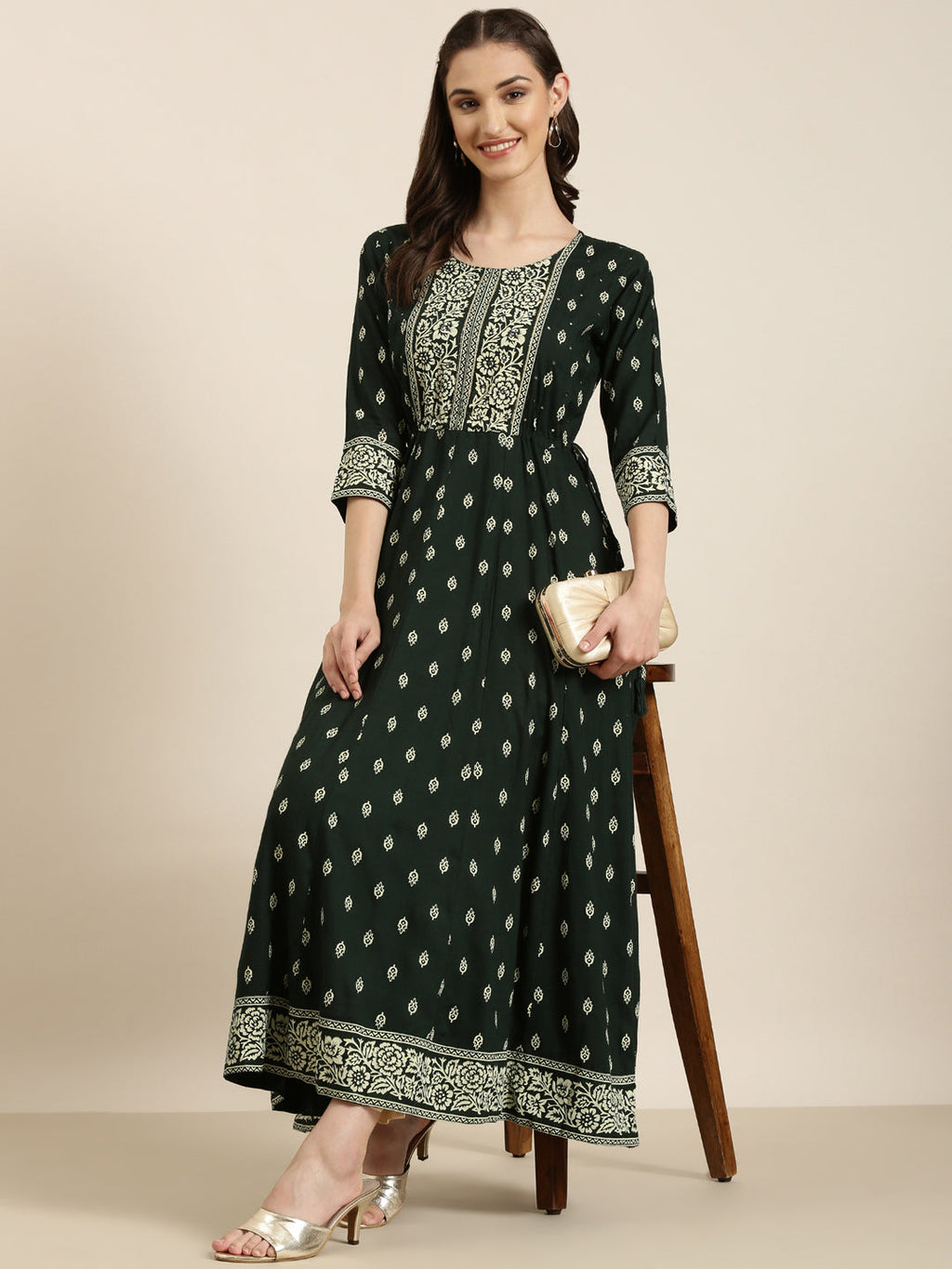 Women's Green Ethnic Motifs Printed Anarkali Kurta