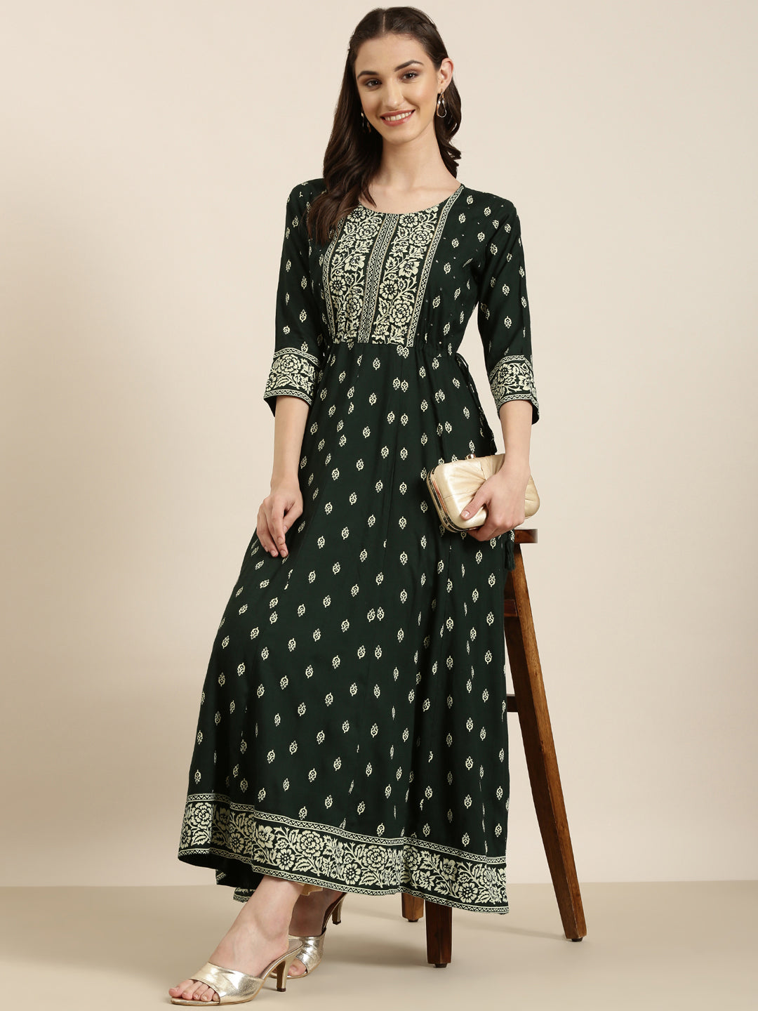 Women's Green Ethnic Motifs Printed Anarkali Kurta