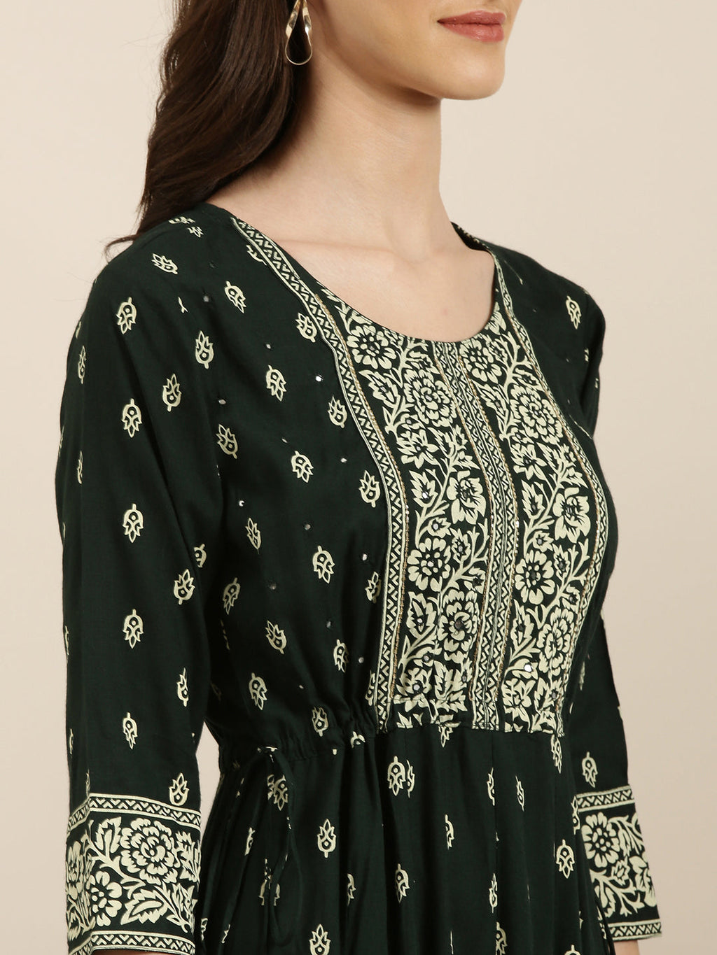 Women's Green Ethnic Motifs Printed Anarkali Kurta
