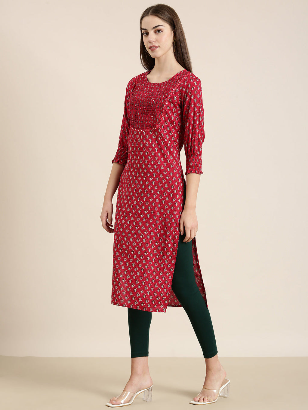 Women's Fuchsia Floral Printed Cotton Straight Kurta