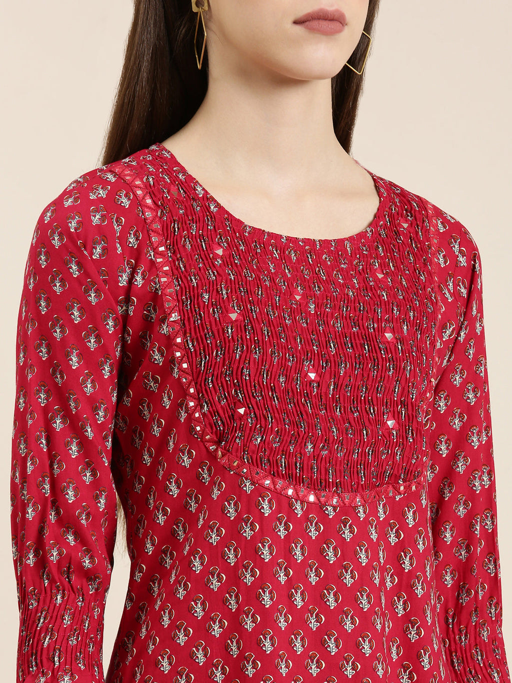 Women's Fuchsia Floral Printed Cotton Straight Kurta