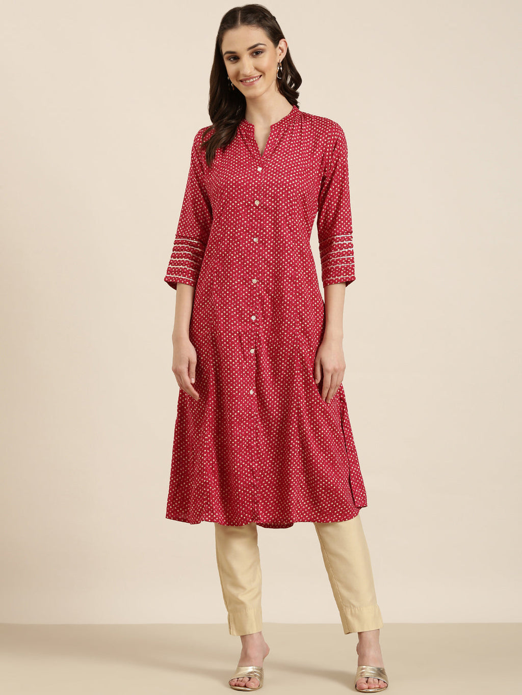 Women's Fuchsia Abstract Printed Mandarin Collar A-Line Kurta
