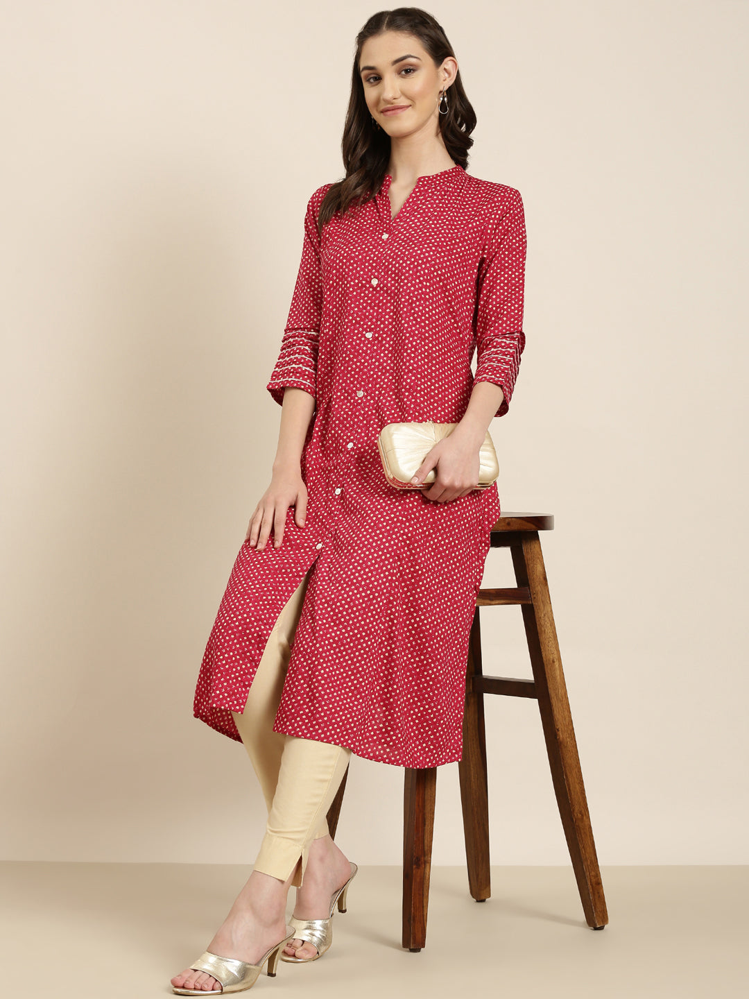Women's Fuchsia Abstract Printed Mandarin Collar A-Line Kurta