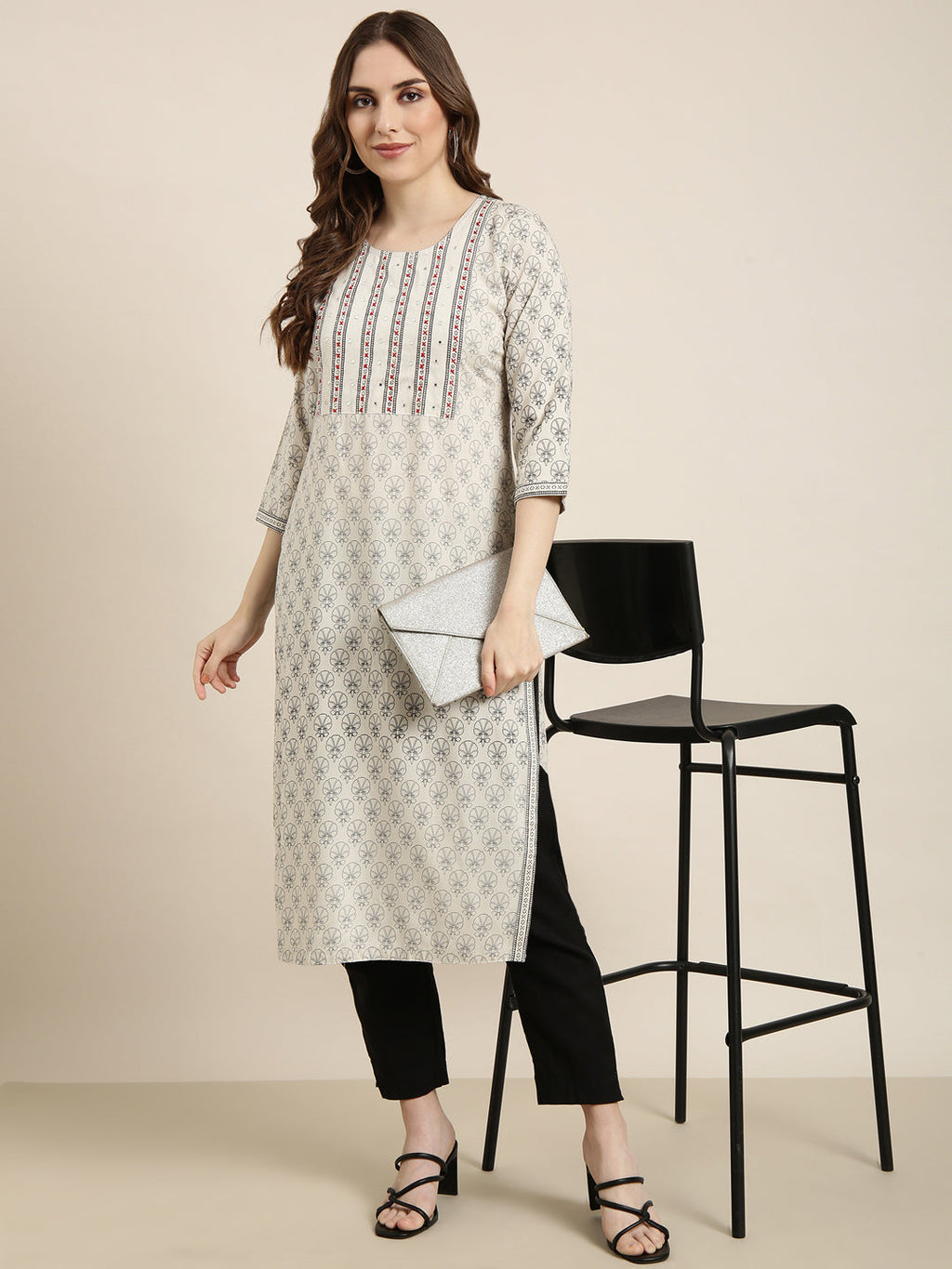 Women's Straight Grey Floral Kurta