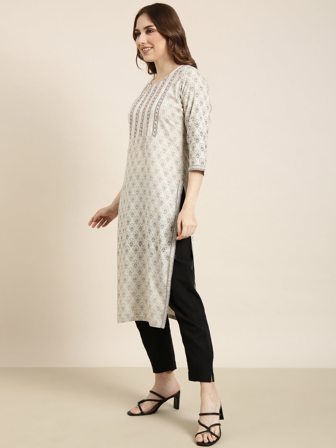 Women's Straight Grey Floral Kurta