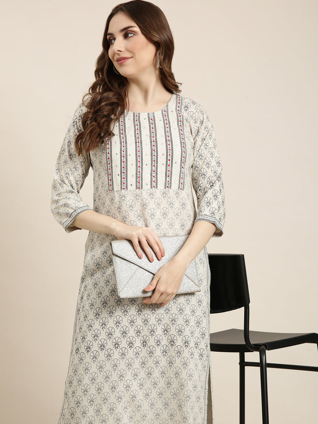 Women's Straight Grey Floral Kurta