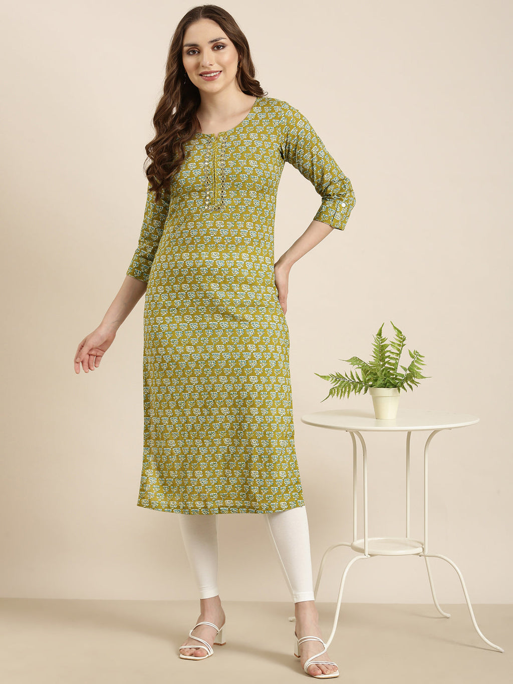Women's Straight Green Floral Kurta
