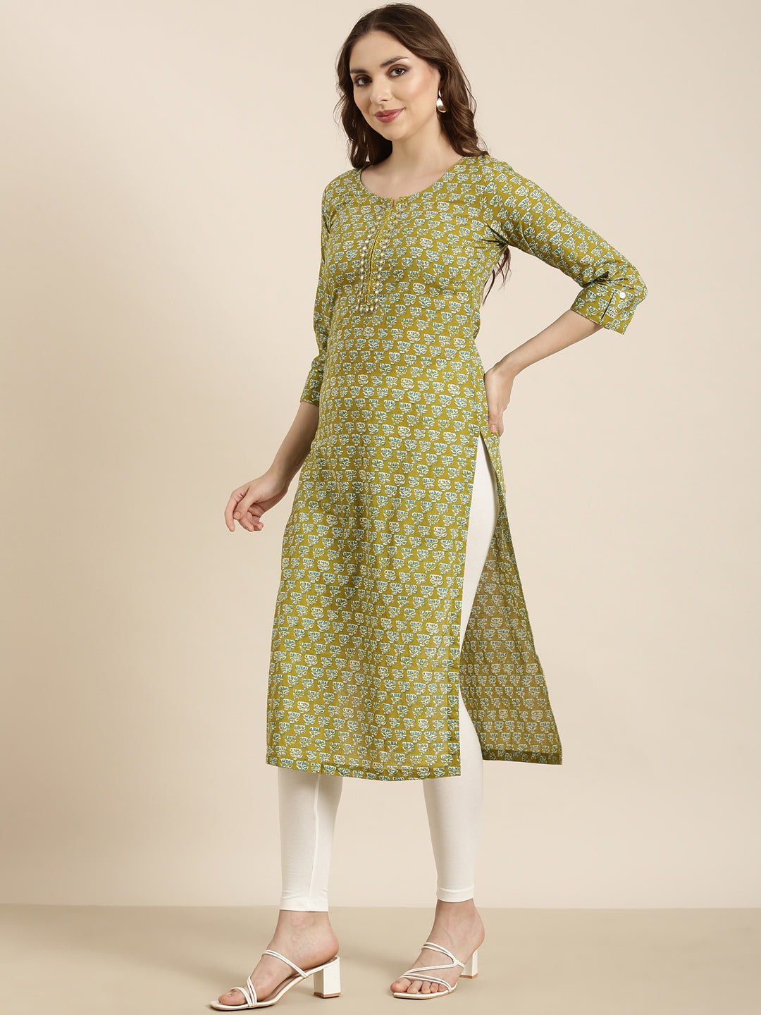 Women's Straight Green Floral Kurta