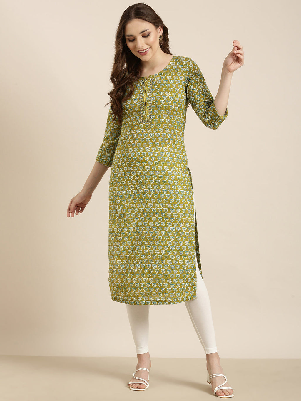 Women's Straight Green Floral Kurta