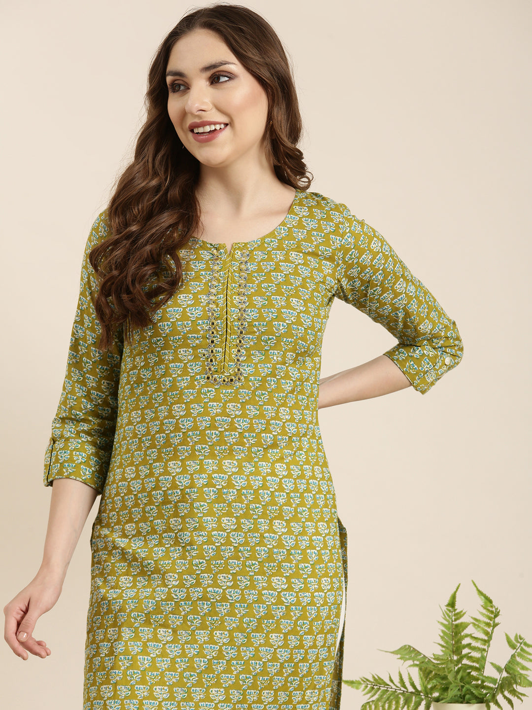 Women's Straight Green Floral Kurta