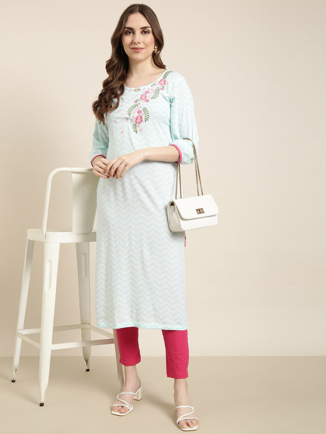 Women's Straight Turquoise Blue Chevron Kurta