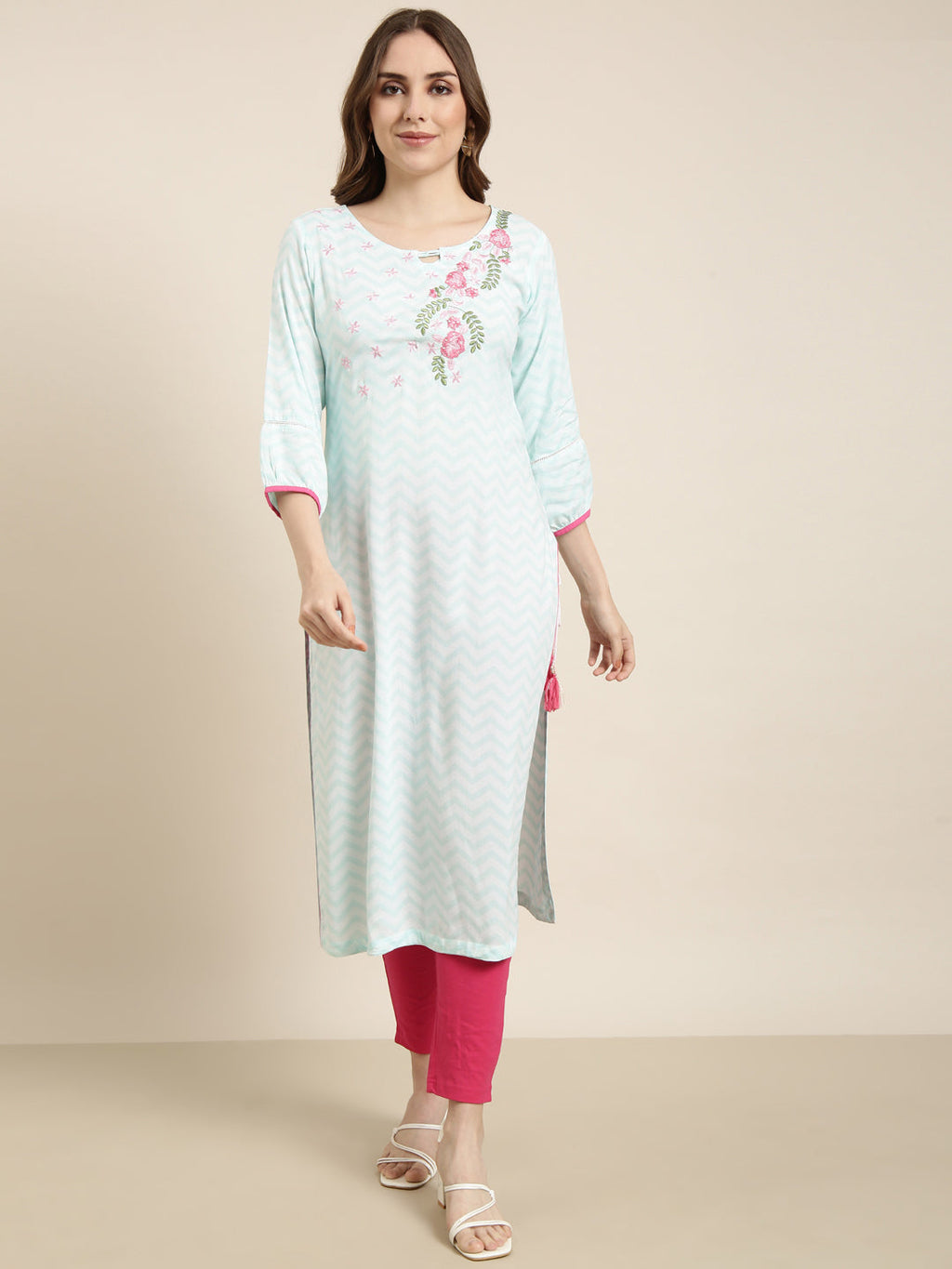 Women's Straight Turquoise Blue Chevron Kurta