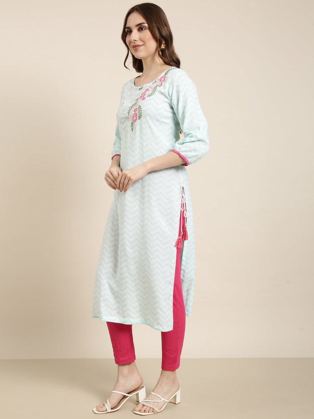 Women's Straight Turquoise Blue Chevron Kurta