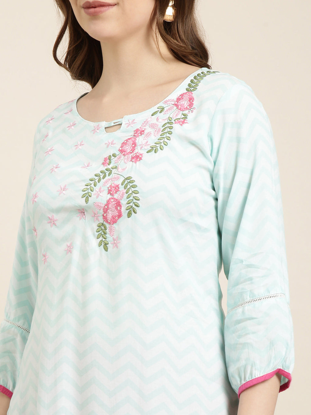 Women's Straight Turquoise Blue Chevron Kurta