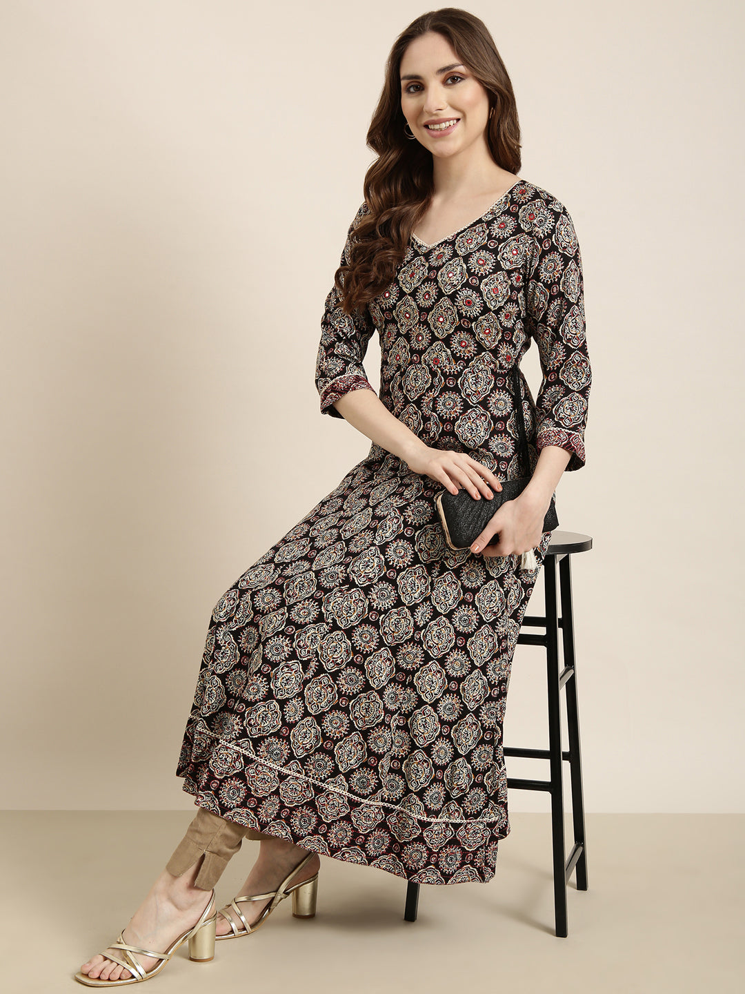 Women's Anarkali Black Ethnic Motifs Kurta