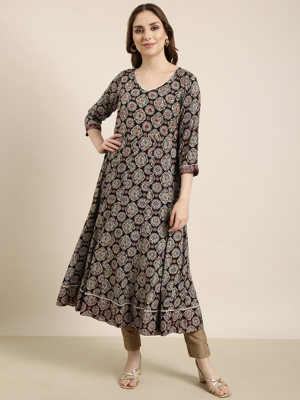 Women's Anarkali Black Ethnic Motifs Kurta