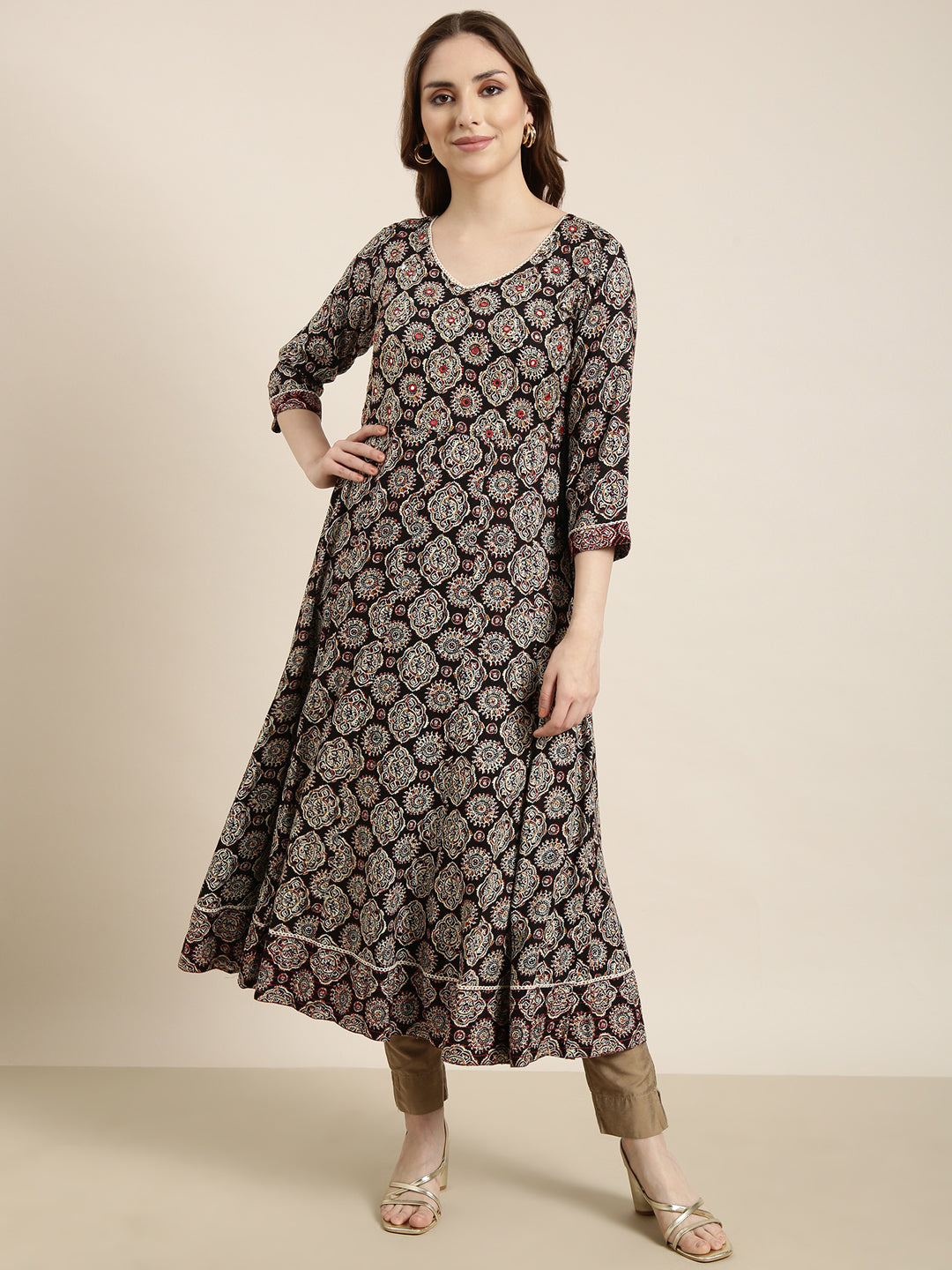 Women's Anarkali Black Ethnic Motifs Kurta