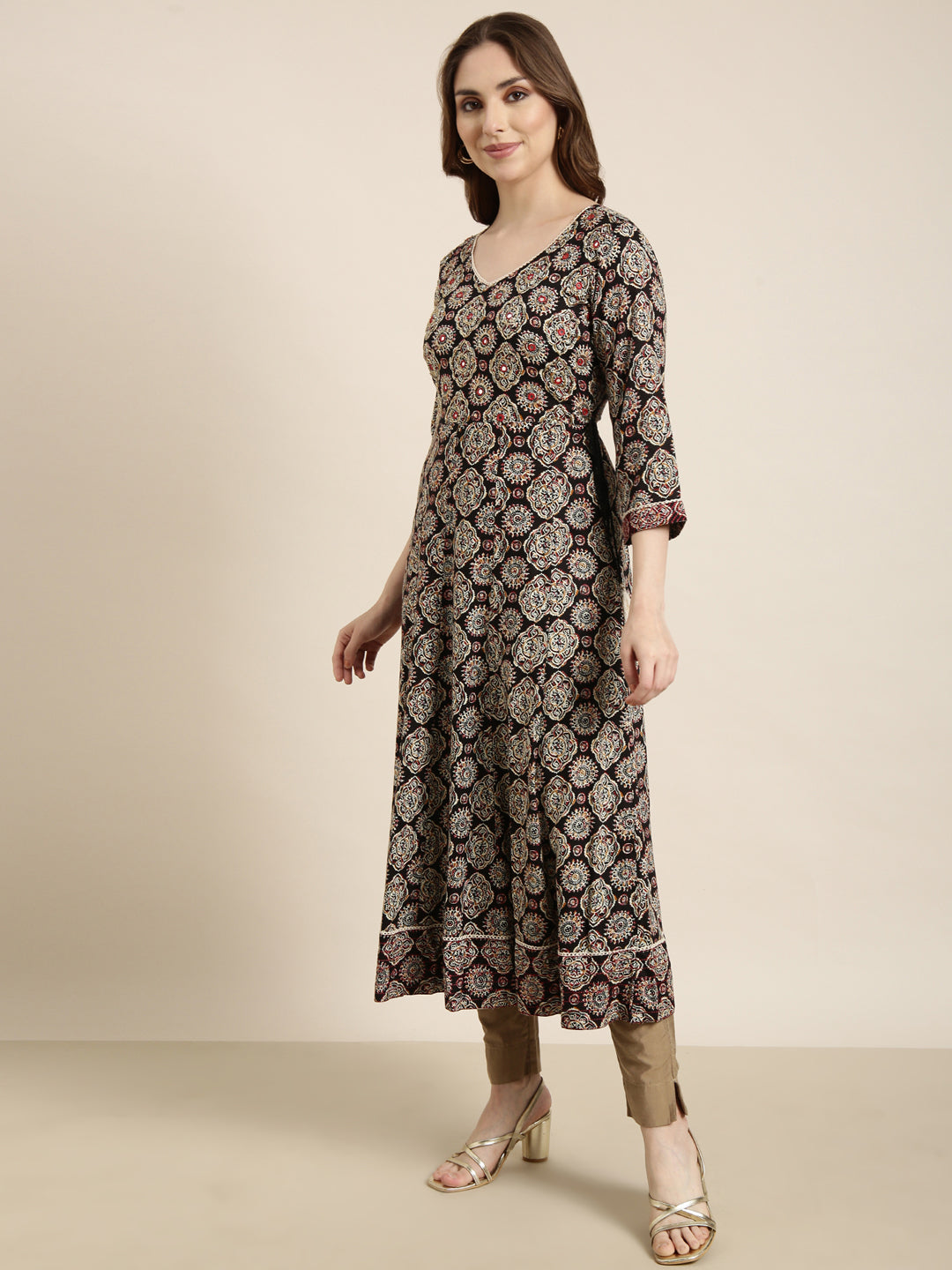 Women's Anarkali Black Ethnic Motifs Kurta