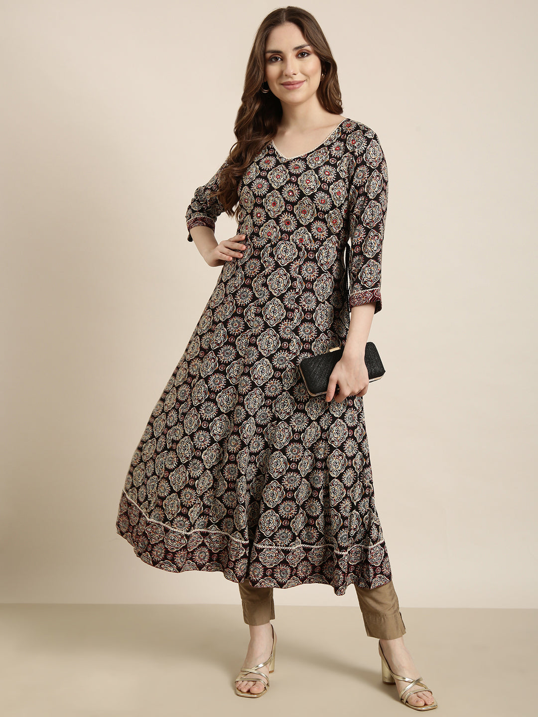 Women's Anarkali Black Ethnic Motifs Kurta